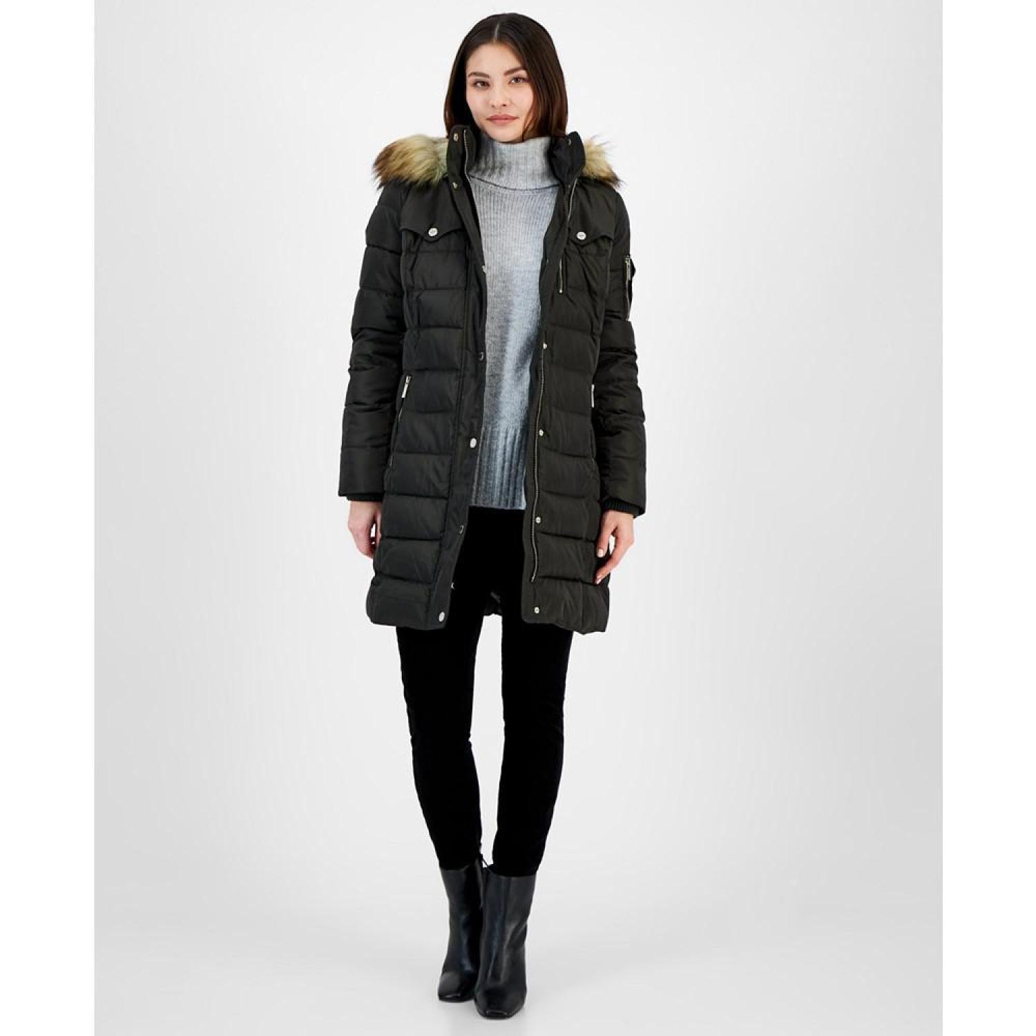 Women's faux fur trim hooded puffer coat created for macy's Clearance